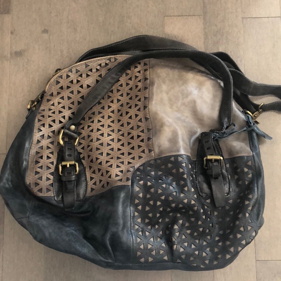 A.S.98 Handbags - A.S. 98 dark navy/taupe leather handbag with top zipper and strap